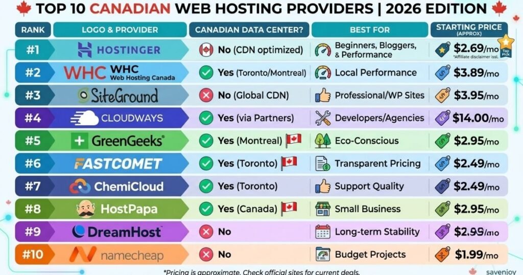 Top 10 Canadian web hosting providers comparison table for 2026, ranking Hostinger as #1 for performance and value.