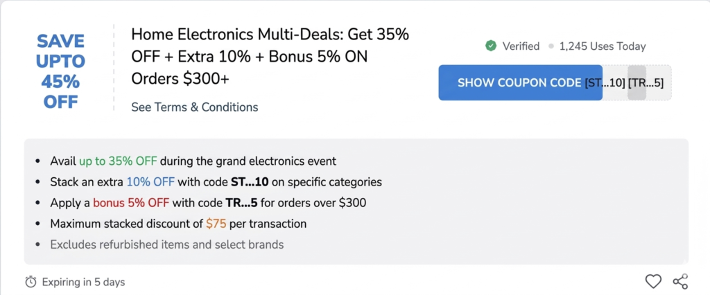A professional digital infographic showcasing a home electronics triple discount stack, with a large bold 'SAVE UPTO 45% OFF' headline, and detailed subtext 'Home Electronics Multi-Deals: Get 35% OFF + Extra 10% + Bonus 5% ON Orders $300+'. A blue 'SHOW COUPON CODE' button reveals two masked codes [ST...10] [TR...5]. A list of five bullet points details the conditions, including a 35% event discount, a stacked 10% off code, a bonus 5% off code, a maximum $75 cap, and refined exclusions. The graphic includes verification, usage count, a five-day expiry timer, and like/share icons against a white background.