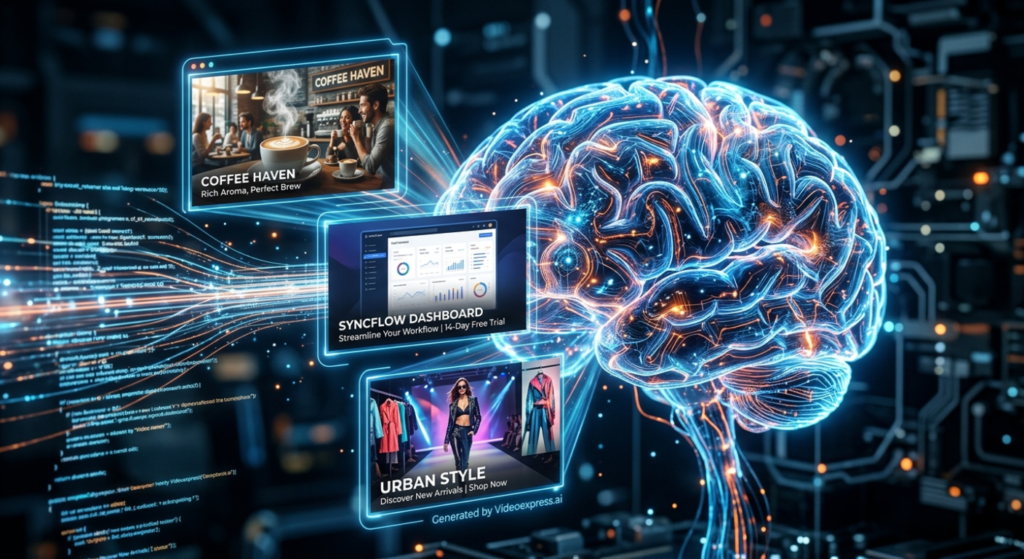 A high-tech, 8k visualization showing a glowing neural network brain on a circuit board background. The AI is converting raw data streams and code into three specific commercial video panels: a coffee shop ad titled 'COFFEE HAVEN', a SaaS product demo titled 'SYNCFLOW DASHBOARD', and a fashion reel titled 'URBAN STYLE'. The bottom of the video interface features the subtle branding 'Generated by Videoexpress.ai'.
