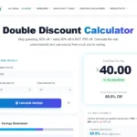 A user interface of a Double Discount Calculator showing a calculation for a $100 original price with a 50% first discount and 20% extra discount, resulting in a final price of $40.00