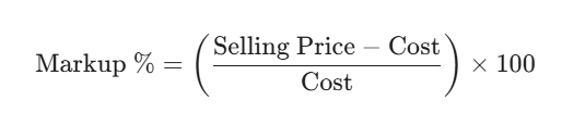 The mathematical formula for calculating Markup Percentage using Selling Price and Cost.