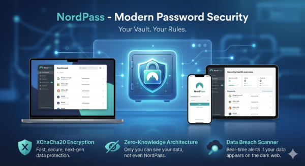 A professional showcase of NordPass dashboard on laptop, tablet, and smartphone featuring XChaCha20 encryption, zero-knowledge architecture, and data breach scanner.