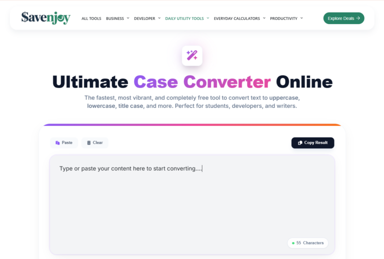 The interface of Savenjoy's Ultimate Case Converter Online tool, featuring a clean white layout with options to paste text and convert it to uppercase, lowercase, or title case