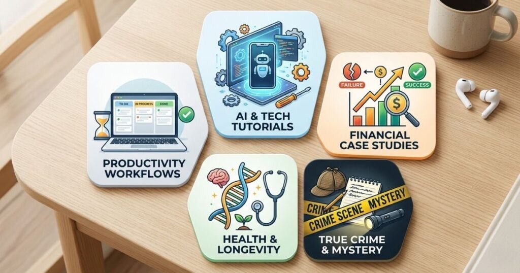 A top-down view of a modern desk with five illustrated tiles representing AI tutorials, finance, health, true crime, and productivity niches for faceless YouTube channels in 2026.