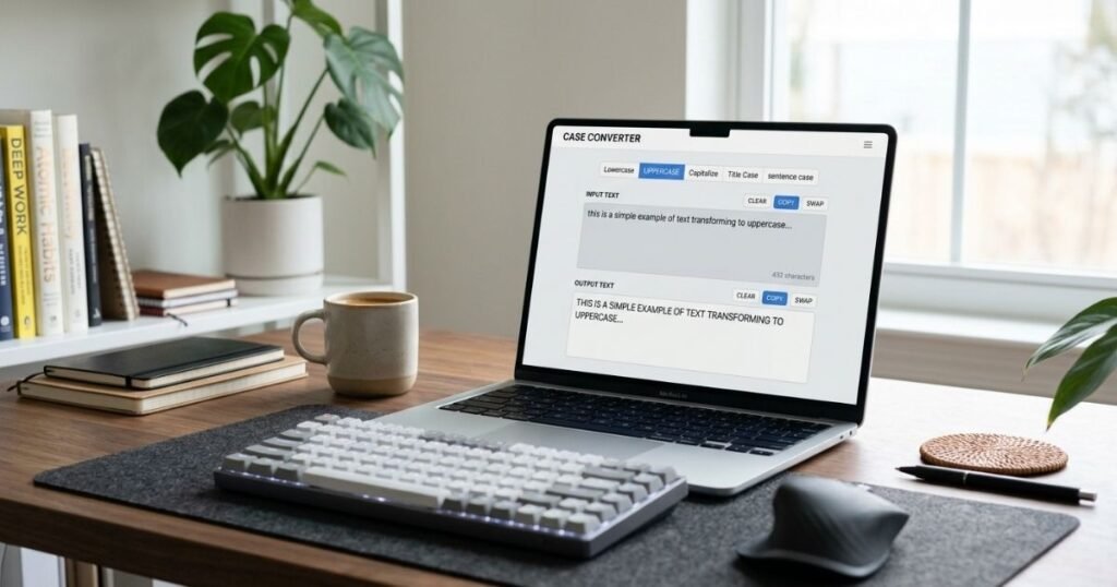 Laptop on a tidy desk displaying a case converter tool converting text to uppercase, with keyboard, mouse, books, and a coffee mug nearby.