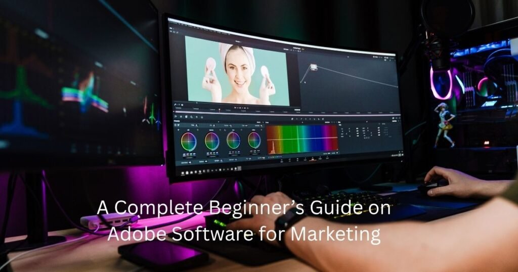 A close-up of a professional video editor working on an ultrawide curved monitor. The screen displays a color grading interface with color wheels and scopes. The desk is illuminated by purple ambient LED lighting and features a mechanical keyboard and a high-end PC setup.