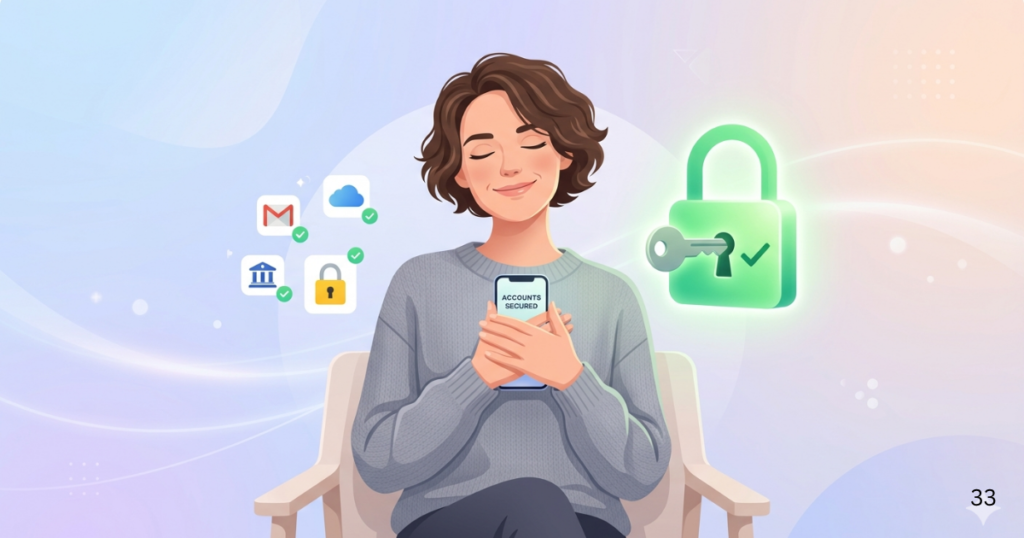 Woman holding a phone showing secured accounts with lock icon and protected apps in background