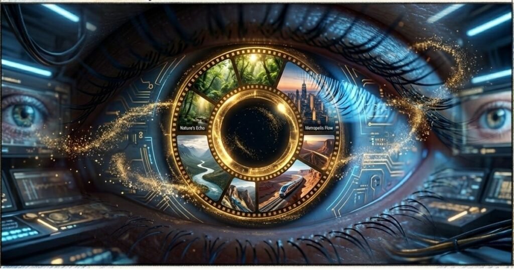 Hyper-realistic cinematic cybernetic eye with a glowing film-reel iris showing forests, rivers, and a city skyline, surrounded by golden particles and blue-gold lighting, framed by a sketch border reading “AI CREATIVITY” and “FUTURISTIC CINEMATIC ANALYSIS.”