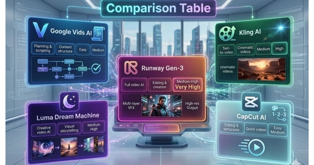 comparison table of AI video tools including Google Vids AI Kling AI Runway Gen-3 Luma Dream Machine and CapCut AI
