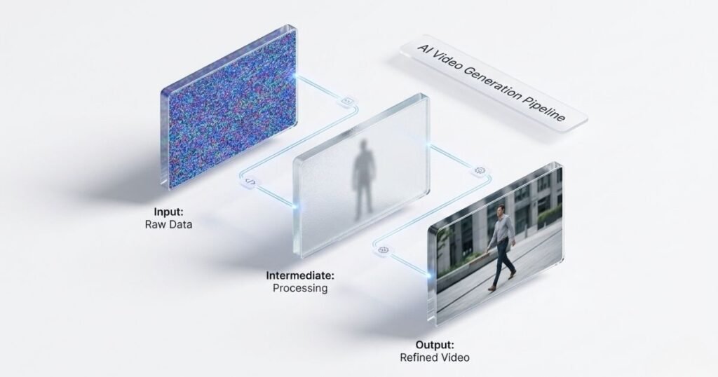 3D isometric infographic of an AI video pipeline with three glass panels—raw data noise, blurred processing silhouette, and a refined HD man walking in a city, connected by glowing blue circuits on a clean white background.