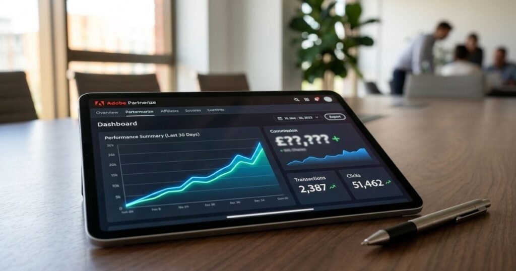 A tablet on a wooden table displays a digital analytics dashboard with graphs and data, next to a silver pen in a blurred office background.