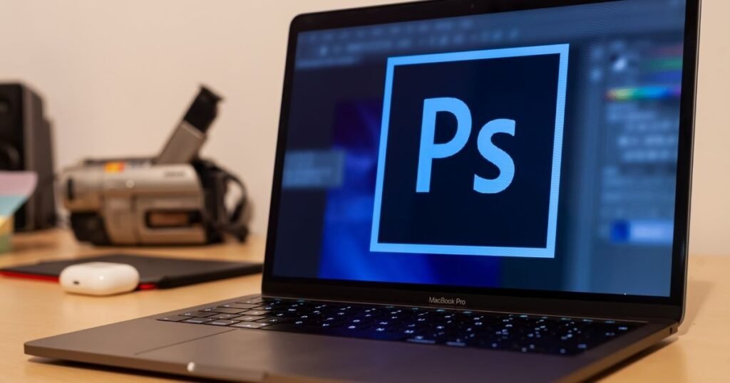 A close-up shot of a MacBook Pro laptop on a wooden desk with the Adobe Photoshop logo displayed on the screen. The background is slightly blurred, showing a camcorder and a pair of white wireless earbuds, creating a professional creative workspace feel.