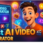 A vibrant, 3D-style digital illustration featuring an enthusiastic young man pointing toward a glowing blue "AI Video Generator" interface. The scene is filled with floating colorful icons like lightbulbs, paint palettes, and video symbols. Large, bold text at the bottom reads "Best AI Video Generator," and a side panel displays multiple "Video Express AI" logos against a dark, cinematic background.