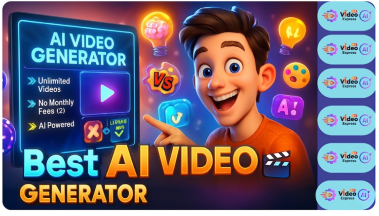 A vibrant, 3D-style digital illustration featuring an enthusiastic young man pointing toward a glowing blue "AI Video Generator" interface. The scene is filled with floating colorful icons like lightbulbs, paint palettes, and video symbols. Large, bold text at the bottom reads "Best AI Video Generator," and a side panel displays multiple "Video Express AI" logos against a dark, cinematic background.