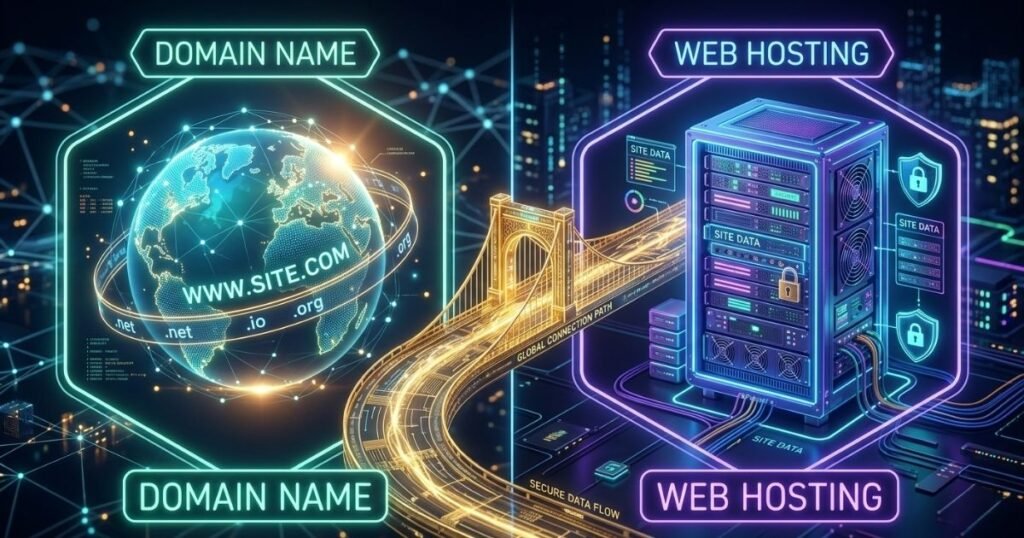 A visual representation of a domain name connecting to a secure web hosting server.