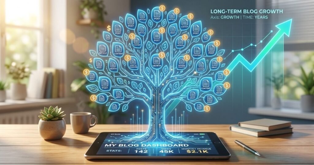A digital tree growing from a tablet representing a blog as a long-term profitable asset.