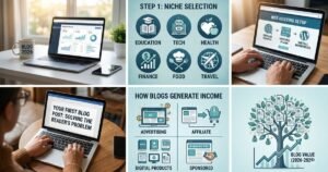 A digital tree growing from a tablet representing a blog as a long-term profitable asset.