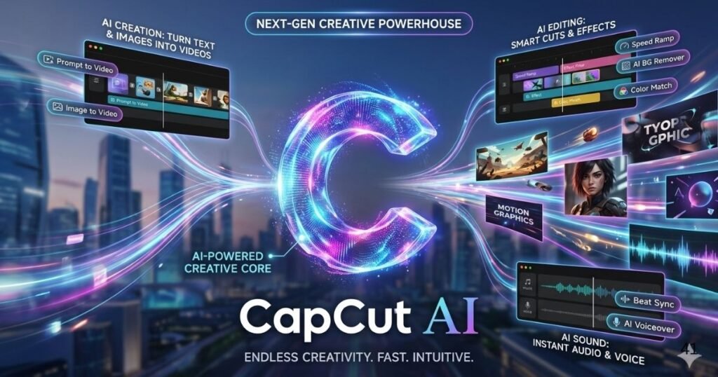 CapCut AI video editing tool with text to video generation auto captions and smart editing features