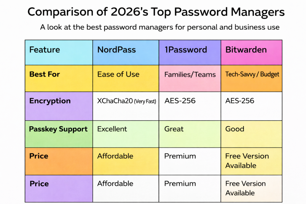 Colorful comparison table of NordPass, 1Password, and Bitwarden showing features like encryption, passkey support, pricing, and best use cases.