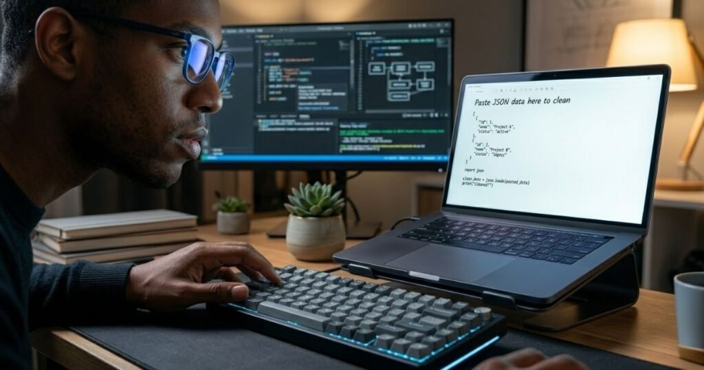 A detailed, low-angle shot of a male developer with blue-light glasses looking intently at a laptop screen. The screen displays a minimalist online notepad with a JSON data snippet and the text "Paste JSON data here to clean." The setting is a calm, focused professional workspace with a mechanical keyboard and secondary monitors in the background.
