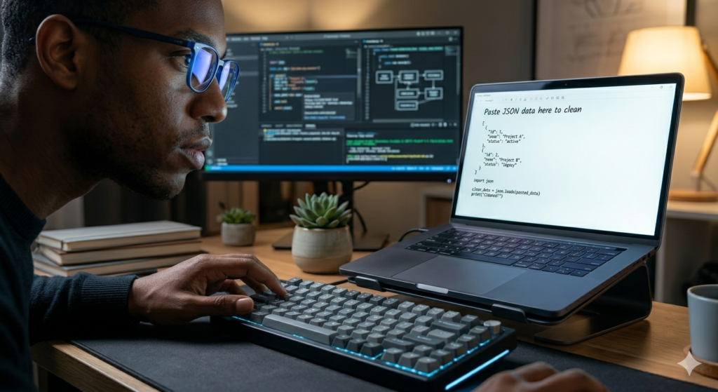 A detailed, low-angle shot of a male developer with blue-light glasses looking intently at a laptop screen. The screen displays a minimalist online notepad with a JSON data snippet and the text "Paste JSON data here to clean." The setting is a calm, focused professional workspace with a mechanical keyboard and secondary monitors in the background.