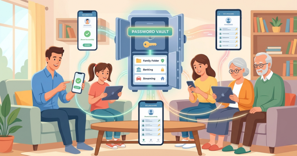 This illustration shows a multi-generational family (parents, a girl, a woman, and elderly grandparents) in a cozy, bright living room. They are sharing digital passwords from multiple connected devices—smartphones and tablets—through a large, central, secure digital 'PASSWORD VAULT'. Glowing data lines connect each device to the vault, which contains folders for 'Family', 'Banking', and 'Streaming'. The minimal UI elements and soft colors give the scene a friendly and modern feel.