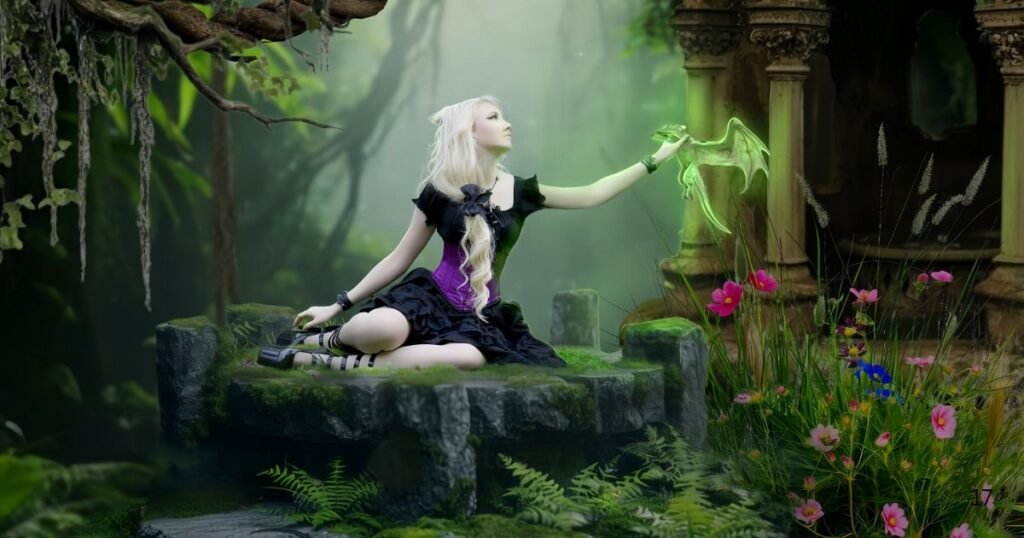 A creative digital composite showing a blonde woman in a black and purple gothic dress sitting in a mystical forest. She is holding out her hand to a small, glowing green dragon. The image features the Adobe Photoshop logo, signifying a photo manipulation project, with ruins and pink flowers in the background.