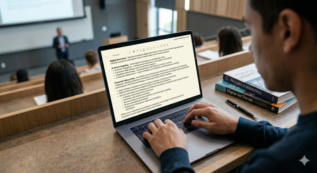 A realistic over-the-shoulder macro photo looking down at a student hunched over a slim laptop, typing quickly on the keyboard. The entire screen is taken over by a simple, clean online notepad interface, filling up rapidly with continuous paragraphs of lecture notes in a generic serif font. A small title in the top-right corner says "Lecture: Marketing Trends." The student’s focus is clear. A few textbooks and a pen lie next to the laptop on the dark wooden desk. The background is a blurred view of other students and a distant lecturer. Captured with a detailed documentary photography style and 8k resolution.