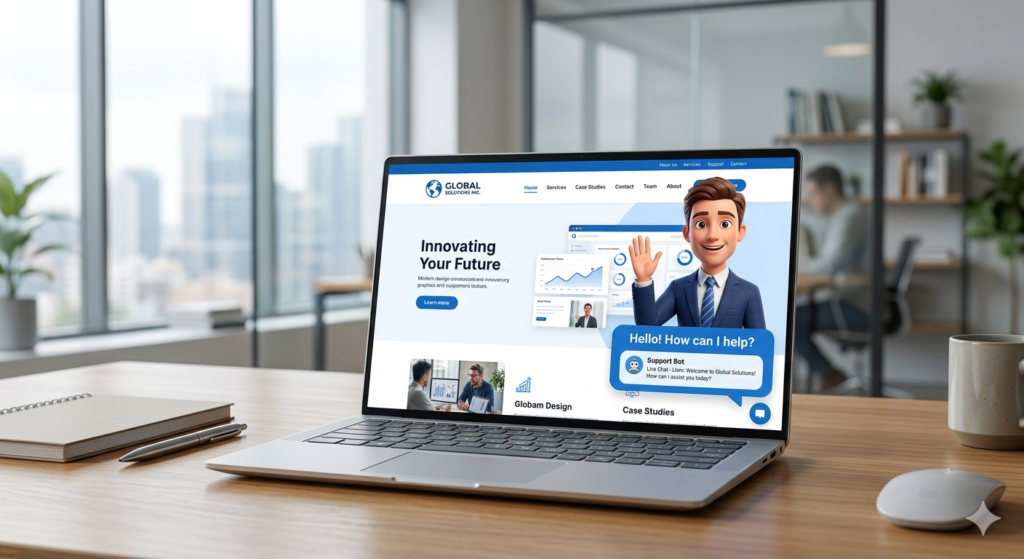 A modern open laptop on a wooden desk showing the "Global Solutions Inc." website. A friendly, smiling 3D animated male avatar in a blue suit is popping out of a blue chat bubble that says "Hello! How can I help?". The background is a blurred office with city views and a large window.