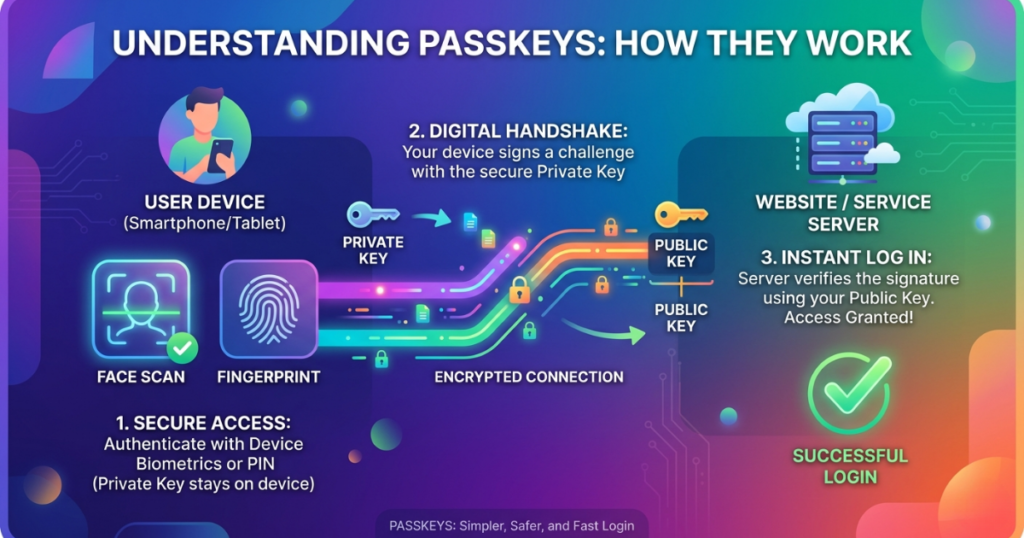 This infographic, "Understanding Passkeys: How They Work," illustrates the three-step process of using passkeys for secure, passwordless authentication. The graphic is set against a futuristic gradient background with abstract shapes.