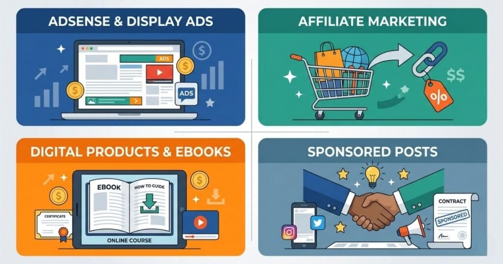 An illustration showing different ways to monetize a blog including affiliate marketing and ads.