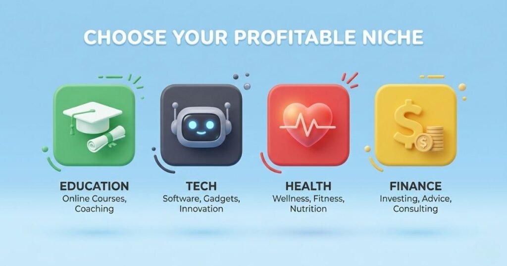 A clean, 3D infographic on a light blue background featuring four colorful icons: a green square with a graduation cap (Education), a dark grey square with a robot (Tech), a red square with a heart and lifeline (Health), and a yellow square with a dollar sign (Finance). The text above reads "CHOOSE YOUR PROFITABLE NICHE."