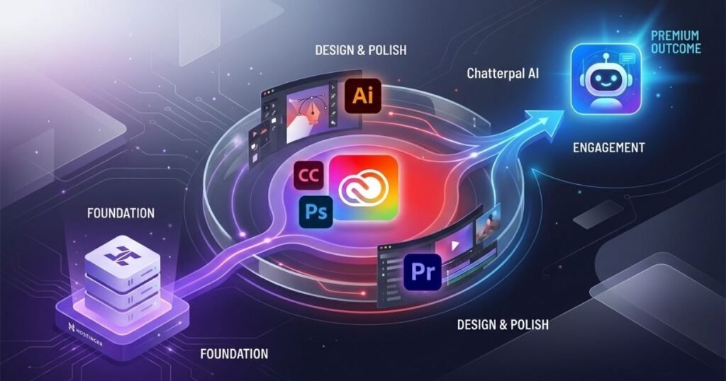 An isometric infographic showing a Hostinger server 'Foundation' connected to an Adobe Creative Cloud 'Design & Polish' hub with Illustrator and Premiere Pro, leading to a blue glowing Chatterpal AI 'Engagement' robot.