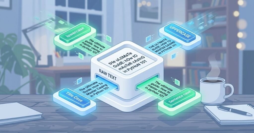 Illustration of a text conversion tool transforming raw text into lowercase, uppercase, title case, and sentence case formats.