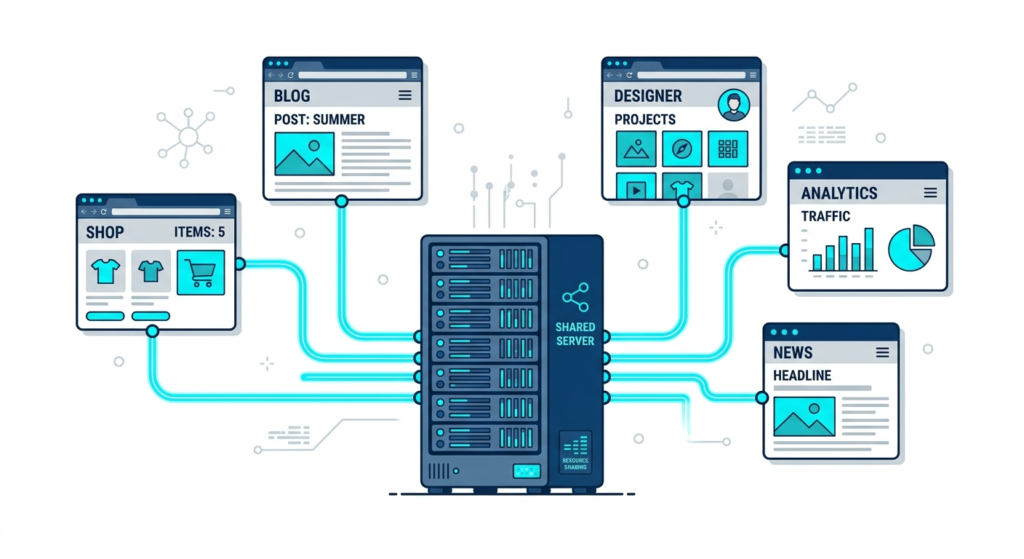 A high-quality 3D isometric render of a powerful mainframe computer server with glowing blue lights. The server is visually partitioned into six distinct, colorful sections, each representing a different small website or application.