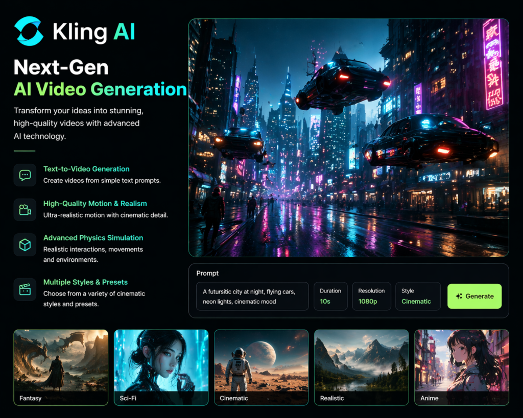 Kling AI text to video generator interface creating cinematic AI video from prompt