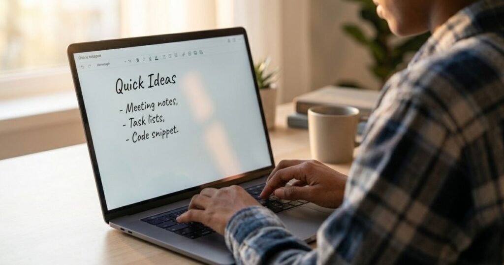 A candid over-the-shoulder shot of a person in a plaid shirt typing on a laptop. The screen shows a clean, simple notepad app with the title "Quick Ideas" and bullet points for meeting notes, task lists, and code snippets in a warm, sunlit room.