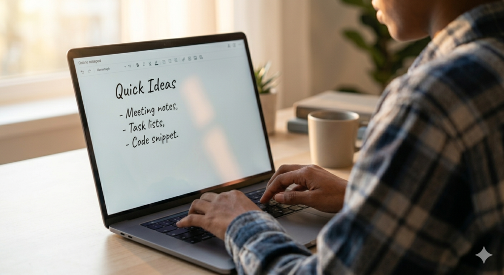 A candid over-the-shoulder shot of a person in a plaid shirt typing on a laptop. The screen shows a clean, simple notepad app with the title "Quick Ideas" and bullet points for meeting notes, task lists, and code snippets in a warm, sunlit room.