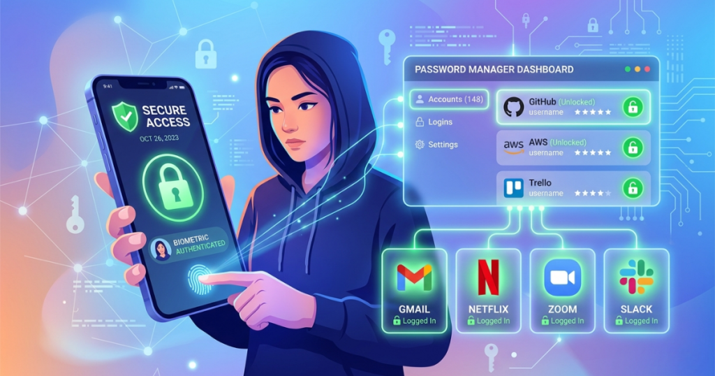 A high-resolution, futuristic illustration of a person using a smartphone with a fingerprint scanner to unlock multiple applications. The scene features a sleek "Password Manager Dashboard" UI with glowing lock icons and status indicators for apps like GitHub, Gmail, and Slack, all set against a soft, clean gradient background with minimal geometric design elements.