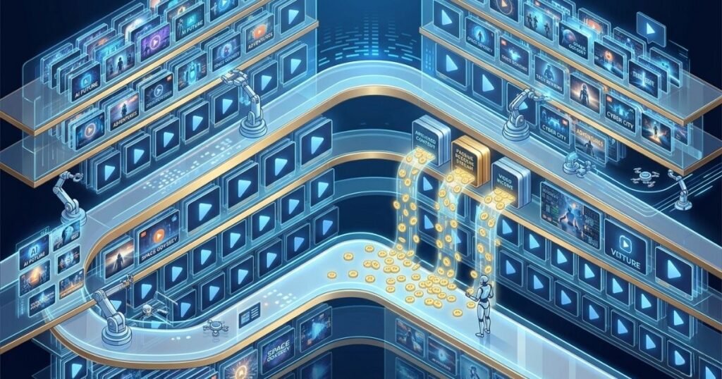 A 3D isometric conceptual illustration in a futuristic blue and gold library. Shelves of glowing holographic video tiles stream gold coins representing passive income into a pool managed by robotic arms and an android. The detailed vector style shows a high-tech data storage and revenue facility.