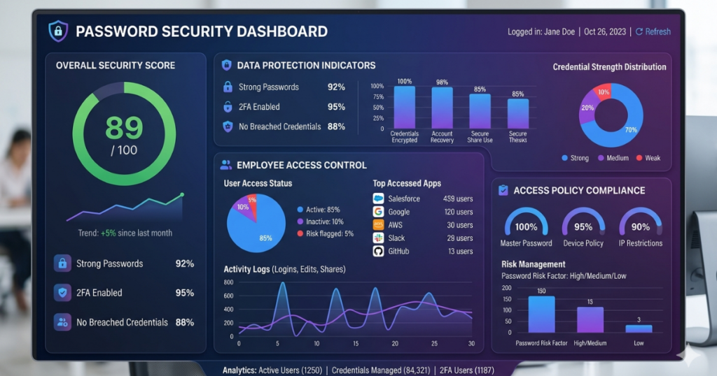 Corporate password security dashboard showing security score, 2FA usage, and data protection analytics