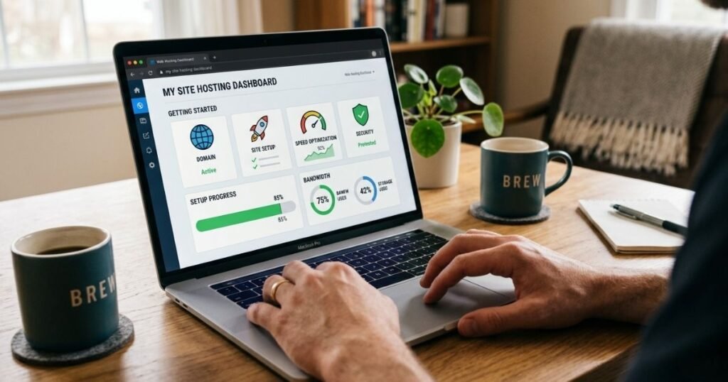 A close-up, realistic shot of a person's hands using a laptop that displays a "My Site Hosting Dashboard" with icons for domain, site setup, speed, and security. The scene is set on a wooden desk in a warm, inviting room with a mug of coffee and a small plant in the blurred background.