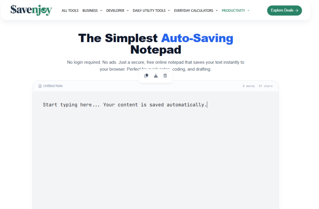 A screenshot of Savenjoy's free online notepad tool featuring an auto-saving interface with no login required, perfect for fast and secure note-taking.