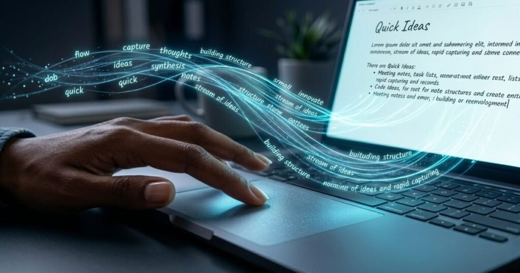 A stunning macro conceptual illustration focusing on a user's finger gently resting on a trackpad and their other hand on the keyboard. A glowing laptop screen is in the background. From the user's mind and fingertips, a beautiful stream of actual flowing text and single words (e.g., "capture," "flow," "thoughts," "ideas," "quick") is visually moving through the air, streaming directly onto the open text editor on the screen, creating paragraphs as they connect. Soft neon cyan and electric blue light trails against a muted dark aesthetic background. Magical and fluid, 4k.