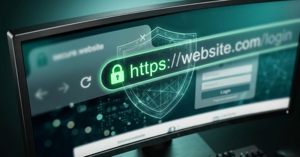 A wide-angle digital illustration of a curved computer monitor in a dimly lit room, focusing on a browser address bar displaying 'https://website.com/login'. The URL is highlighted by a glowing green background and a bright green padlock icon, overlaid with a futuristic, semi-transparent shield and network data lines. Below the URL, a blurry login form with fields for Username and Password is visible on a darker, digital interface background, alongside a dimly lit keyboard in the foreground.