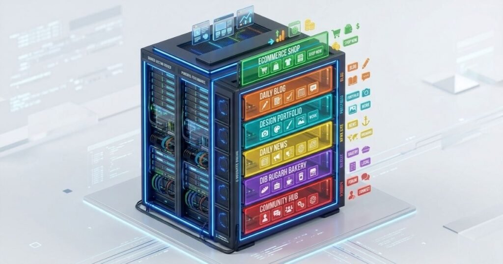A high-quality 3D isometric render of a powerful mainframe computer server against a clean white background. The server is visually partitioned into six glowing, colorful horizontal sections (green, orange, light blue, yellow, purple, and red), each labeled with a specific website type such as "Ecommerce Shop," "Daily Blog," and "Design Portfolio." Small, stylized icons representing web elements like shopping carts, cameras, and chat bubbles float around the colorful partitions, symbolizing shared hosting resources with soft cinematic lighting and blue neon accents.