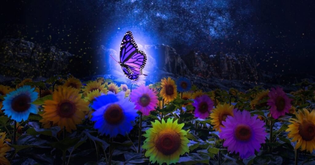 A surreal digital artwork featuring a large, glowing purple butterfly hovering over a field of colorful sunflowers at night. The sunflowers are tinted in shades of blue, pink, and yellow. The background shows a dark mountain range under a brilliant starry galaxy sky with glowing embers floating in the air.