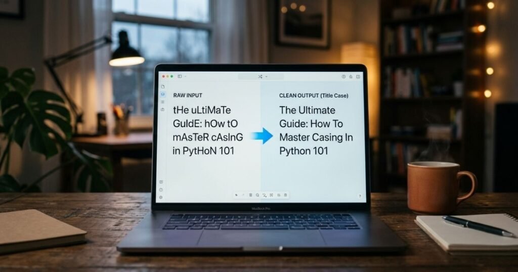 Laptop on a desk displaying a text case conversion tool showing raw input transformed into clean title case output.
