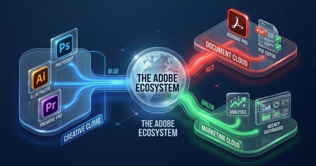 A futuristic infographic illustrating "The Adobe Ecosystem" with three distinct, color-coded branches of software flowing from a central point against a dark, tech-patterned background. The blue stream leads to "Creative Cloud" apps like Photoshop and Illustrator, the red stream to "Document Cloud" with Acrobat and PDF tools, and the green stream to "Marketing Cloud" for analytics and dashboards. The illustration uses a sleek, high-tech aesthetic with translucent glass-like panels and glowing light trails.