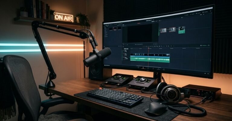 High-angle, hyper-realistic photo of a cozy, dimly lit podcasting and video editing desk. A black Shure SM7B mic on a boom arm sits over a wooden desk with an ultrawide monitor showing a video editing timeline. Headphones, keyboard, and mouse are arranged neatly, with cyan-orange LED lights and an “ON AIR” sign adding a cinematic, high-tech mood.